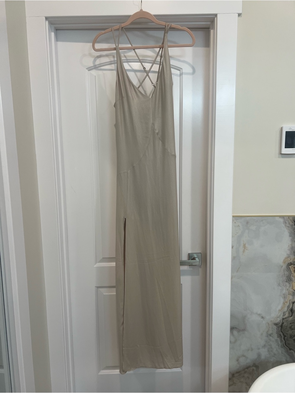 Marciano Neutral Taupe Slip Maxi Dress with Crossback Straps